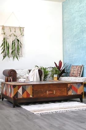 CHANDIGARH COFFEE TABLE - KILIM AND LEATHER-150 cms (L) x 105 cms (W) x 40 cms (H)