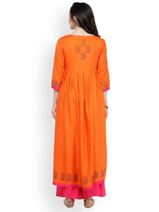 Women Orange Block Print A-Line Kurta