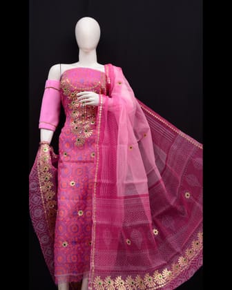 Glimmering Kota Doria Dark Pink Gota Patti Suit
