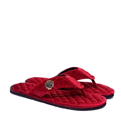 Women V-Strap Red Full Quilted Soft Italian Velvet Slippers By Brune & Bareskin-36/3