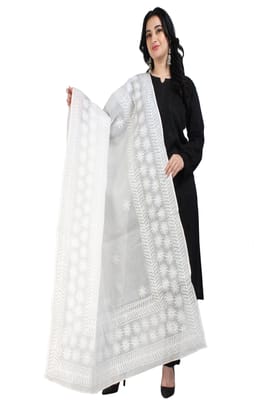 The Chikankari Story Chikankari Hand Embroidery Dupatta in Pure Kota Cotton - Lucknowi Tepchi Work with Bakhiya Details, Traditional White Design-Free Size