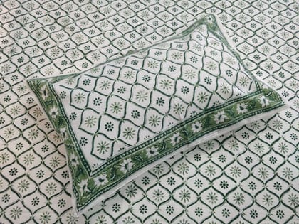 Green-Multicolor Handblock Printed Cotton Double Bedcover with Pillow Covers (Set of 3) - Jaipur Handblocks
