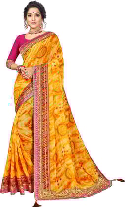 ANSH Womens Georgette Bandhani Saree length (5.5m) & Blouse Piece Size (0.8m) (Yellow)