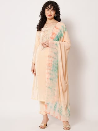 Floral Embroidered Beads Work Kurta with Trousers & Dupatta
