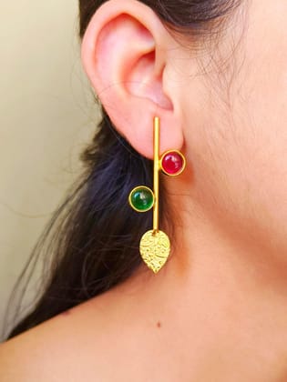Handmade Brass Gold-Plated Casual Wear Leaf Earrings | Sarichka-Green+Magenta