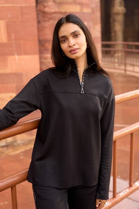 CRYSTAL ZIP NECK TOP-S / Black