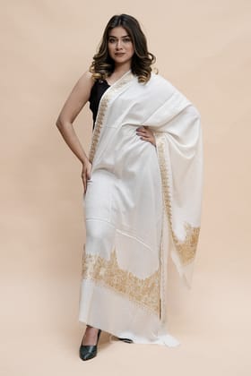 White Colour Semi Pashmina Shawl Enriched With Ethnic Heavy Golden Tilla Embroidery With Running border-Semi pashmina / length 80 inch Width 40 inch / Dry Clean only