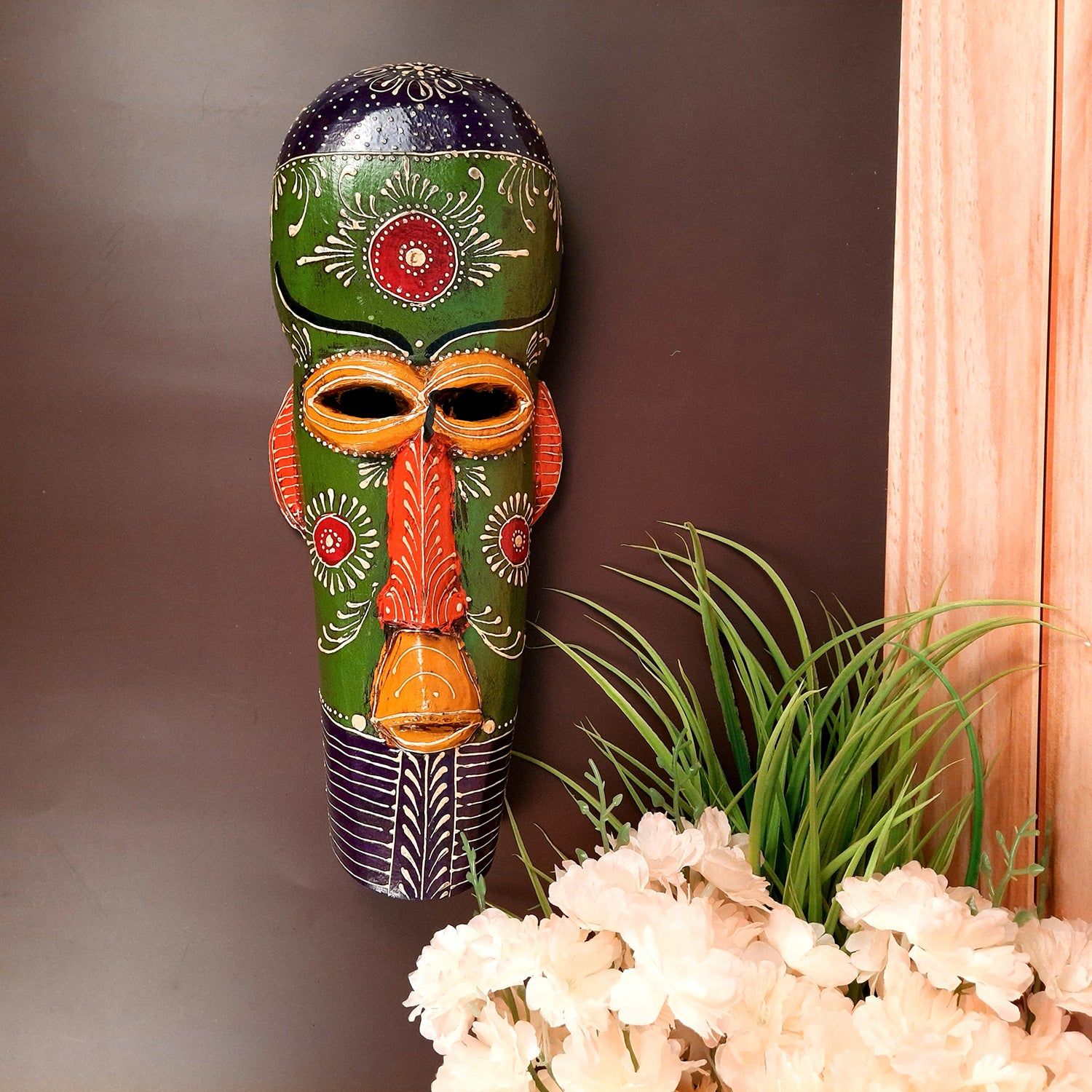 Tribal Wall Masks Tall | African Egyptian Hangings for Home Entrance & Living Room | Nazar Battu Hanging - for House, Door, Hallway, Balcony Decoration - 15 Inch-Green