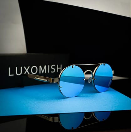 Luxomish Frameless Steampunk Round Sunglasses Silver Frame Blue Lens