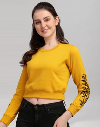 Turmeric Yellow Coloured Cotton Fleece Blend Embroidered Sweatshirt-L