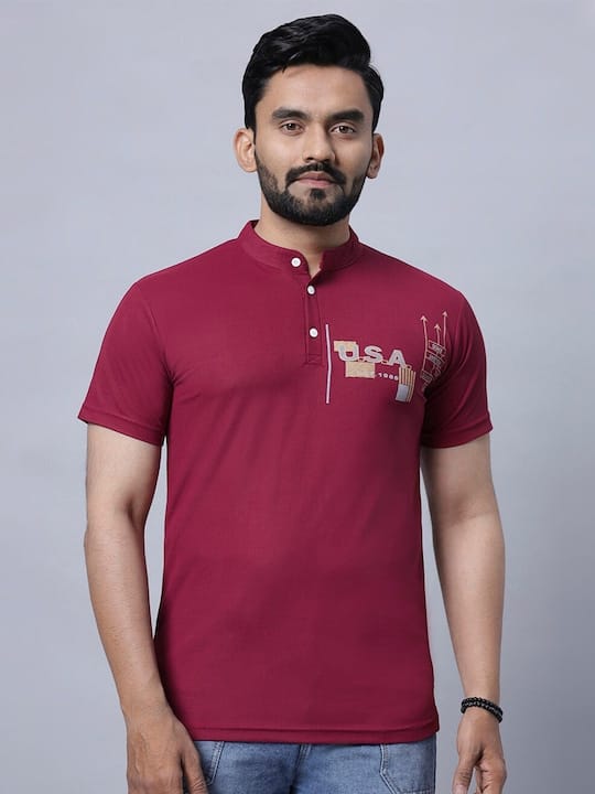 Mandarin Collar Short Sleeves Cotton T-shirt