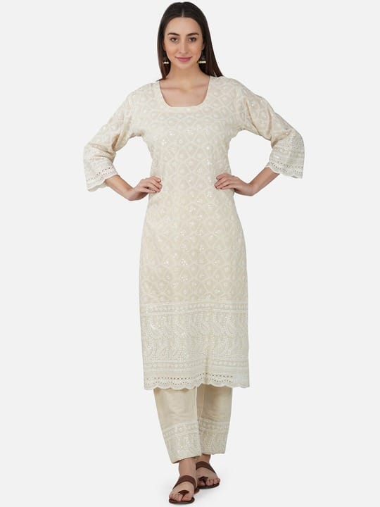 Embroidered Chikankari White Romance Pure Cotton Kurta with Trousers
