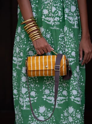 Round Sling Bag With Changeable Sleeve (Yellow Single Line & Solid Black)-4.3" x 8.4" x 4.3"