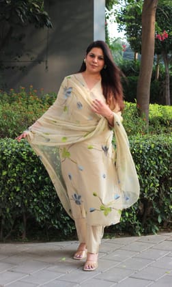 Cotton Beige & Blue Hand Brush Painted Suit with Chiffon Hand Painted Dupatta-XXS