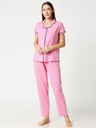 Women Pink & White Printed Night suit