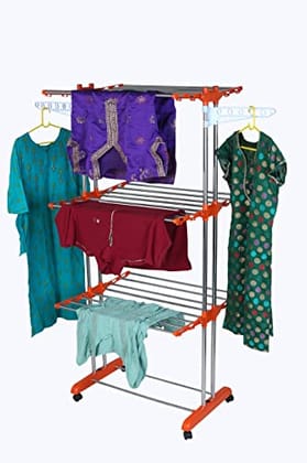 Mega stand Cloth Drying Stand, Stainless Steel 3-Tier Foldable Clothes Dryer Rack for Home with 6 Wheels Clothes Stand for Drying (Orange)