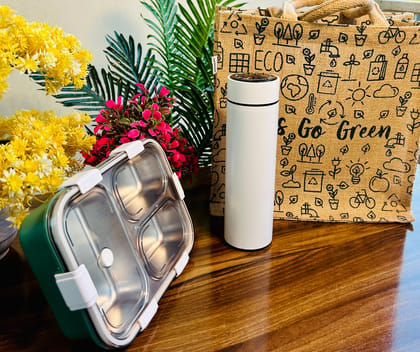 Bento Box & Be Motivated Water Bottle With Free Jute Bag (Combo)-With Personalised Name Engraving
