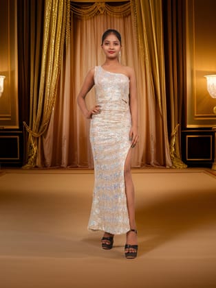 Starry Elegance Cream Sequins Maxi Dress by Shreekama-Cream / L