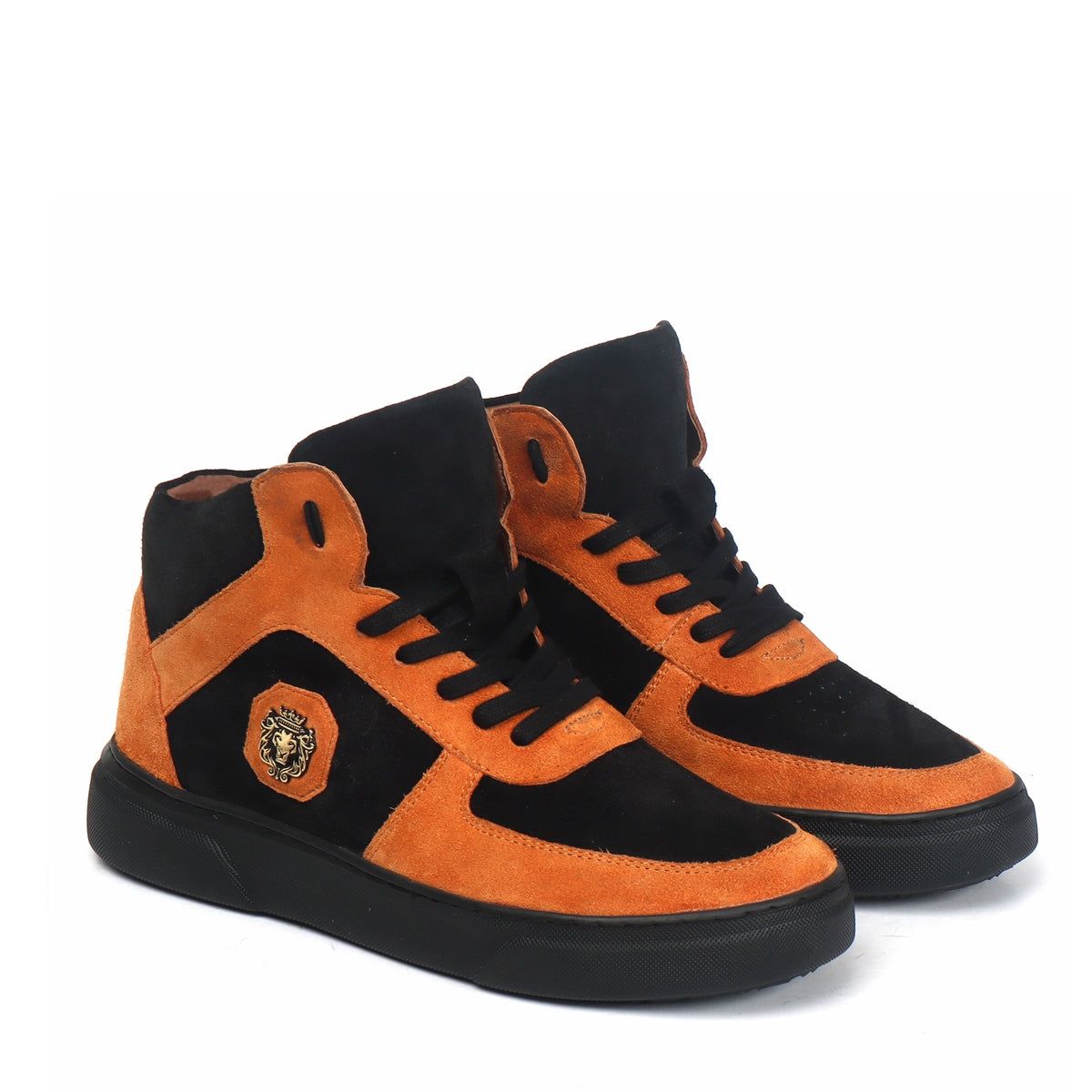Orange & Black Detailing Suede Leather Mid Top Sneakers by Brune & Bareskin-40/6