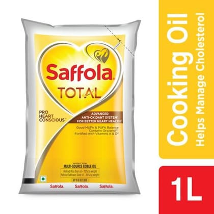 Saffola Total Refined Cooking oil | Blended Rice Bran & Safflower oil | Helps Manage Cholesterol, 1 L Pouch
