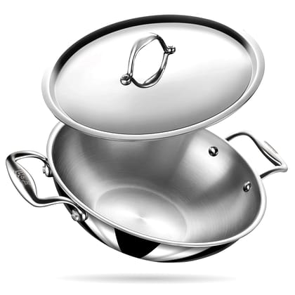 Stahl Triply Stainless Steel Artisan Kadhai with Lid - Premium Heat-Resistant Cookware (Size - 20cm/1.6ltr) by Mahavir Home Store
