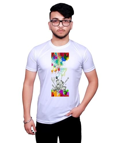 NITYANAND CREATIONS Round Neck White Holi T-Shirt for MEN-HOLI-T-SHIRT-11525-S