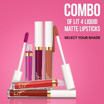 MyGlamm LIT Liquid Matte Lipstick - Pack of 4 Exclusive Combo | Long Lasting, Smudge-Proof, Hydrating Matte Lipstick Set (1.6ml x 4)