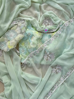 Pastel Green Embellished Net Fashion Blouse-XS