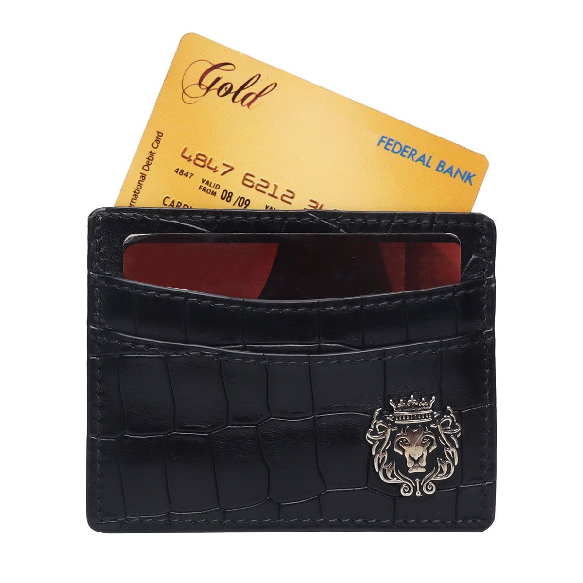 Black Croco Deep Cut Leather With Golden Lion Logo Card Holder By Brune & Bareskin-FS