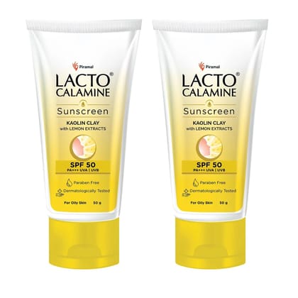 Lacto Calamine Sunscreen SPF 50 | PA +++ Sunscreen for Oily Skin | UVA – UVB Sunscreen | With Kaolin Clay and Lemon Extracts | 50 g Pack of 2x 50g