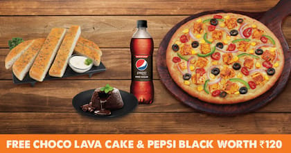 Any Big 10" Pizza + Any Garlic Breadsticks [FREE Choco Lava Cake & Pepsi] __ Pan Tossed,Double Cheese Margherita [BIG 10''],Classic Garlic Breadsticks + Cheesy Dip [FREE],1 FREE Pepsi [250 Ml]
