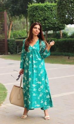 Cotton Slub Jade Pleated Kurta with Pants-XS