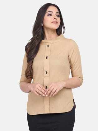 Round Collar Cotton Top - Beige-4XL