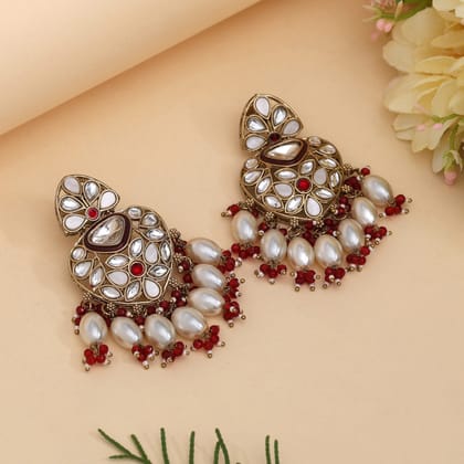 Maroon Color Kundan Earrings (KDE1008MRN)-Length: 7.00 CM x Width: 4.00 CM / Maroon / Alloy With Good Quality Mehndi Gold Plated