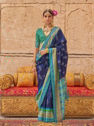 Navy Blue  Soft Silk Patola Printed Saree