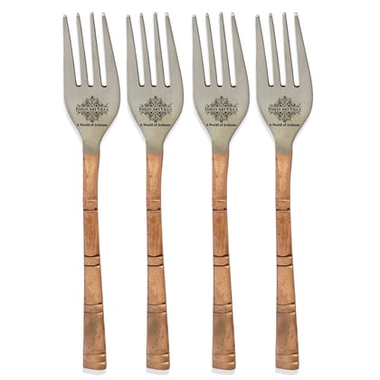 Indian Art Villa Steel Copper Dessert Fork with Matte Lining Design, Fork for Dessert, Salad, Fruit, Appetizer and More --4