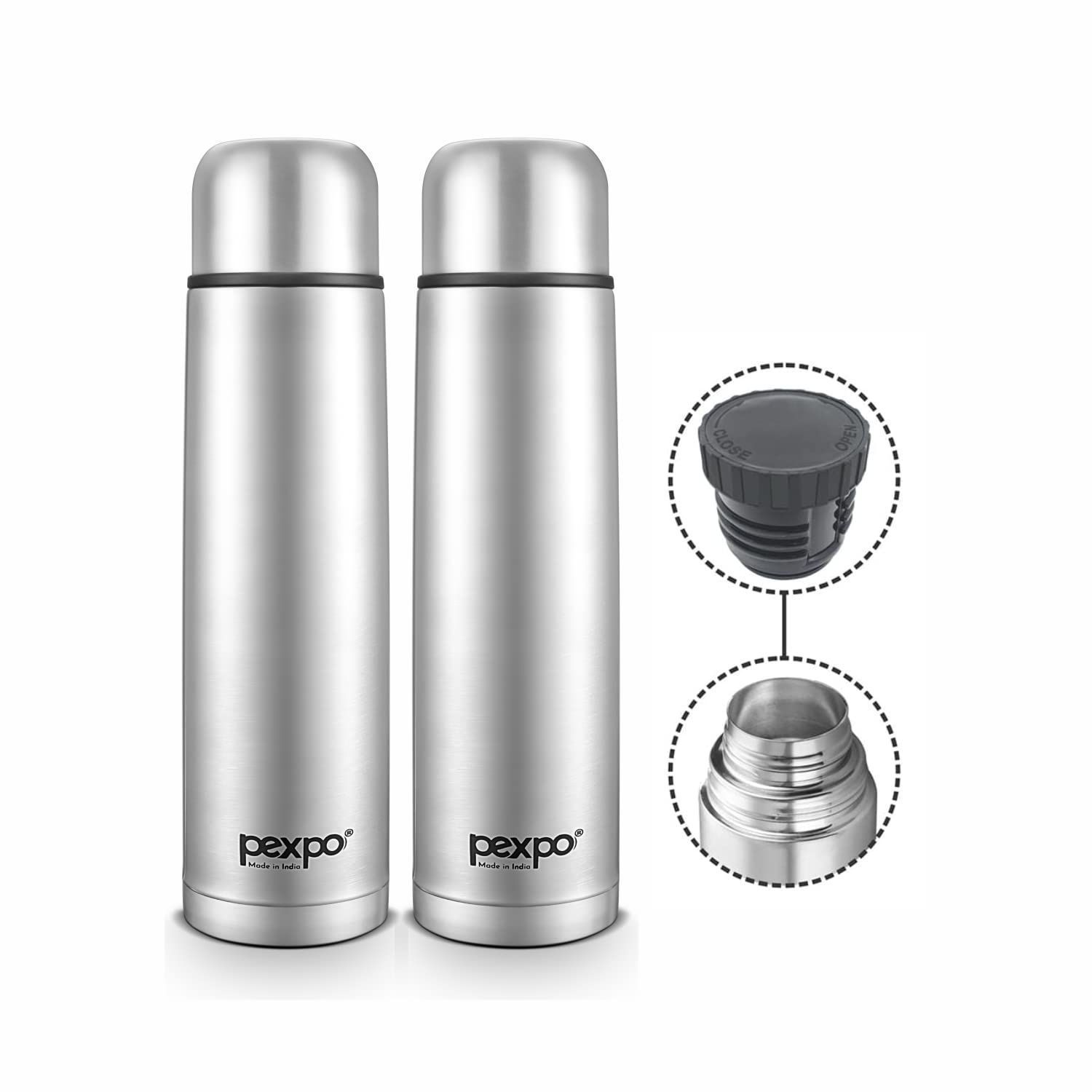 Pexpo Stainless Steel 24 Hours Hot & Cold Water ISI Certified Flask/ISI Certified Flask with Jute Bag, 500ml, Pack of 2, Silver, Flexo | Durable & Odorless