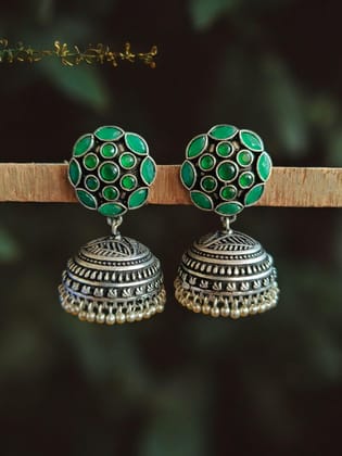High-Quality German Silver Jhumka Earrings Perfect for Ethnic Attire | Sarichka-Green
