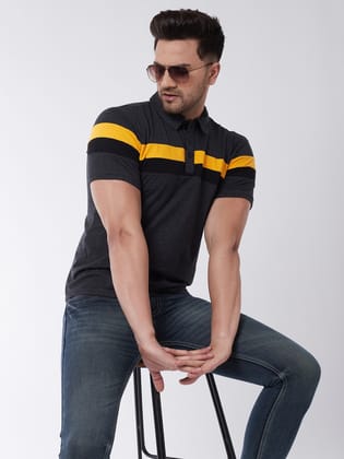 Gritstones Color Block Men Polo Neck Grey, Yellow T-Shirt