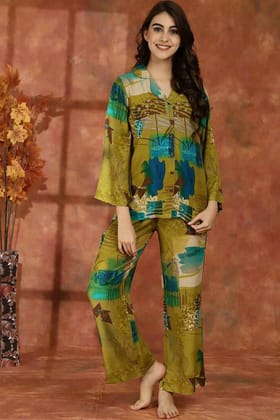 Green Color Abstract Printed Viscose Rayon Shirt With Pyjamas Night suit-s
