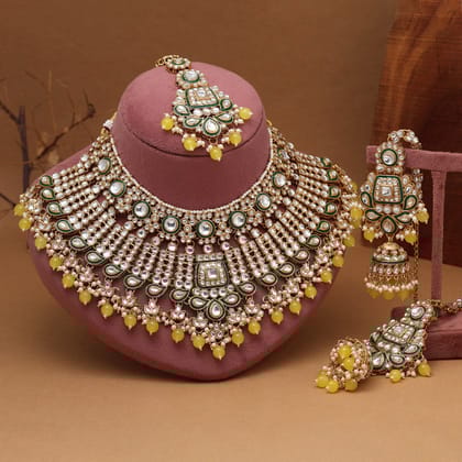 Yellow Color Meena Work Kundan Necklace Set (KN1454YLW)-Adjustable Rope / Yellow / Alloy With Good Quality Gold Plated