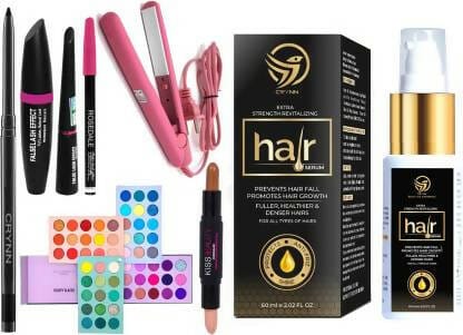 Crynn Beauty Set: Kajal, Straightener, 3in1 Eyeliner, Mascara, Eyebrow Pencil, Highlighter, Contour Stick, Eyeshadow Palette, Hair Serum (8 Items)