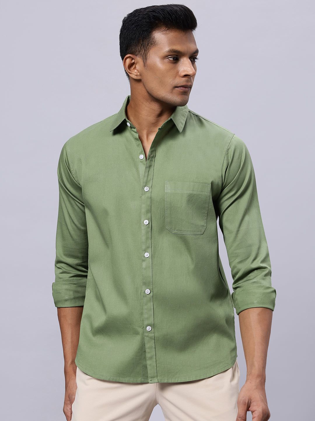 Men Sea Green Solid Slim Fit Cotton Shirt-S