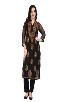 The Chikankari Story: Women's Premium Black Georgette Kurti with Chikankari Hand Embroidery - Lightweight Fabric.-XL