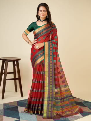 Geometric Woven Design Zari Chanderi Saree