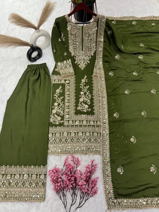 Awesome Mehndi Green Color Embroidery Work Palazzo Suit-M