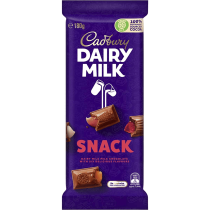 Cadbury Dairy Milk Snack Milk Chocolate With Six Delicious Flavours, 180 gm