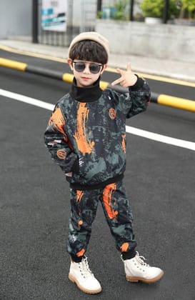 Cotton Black And Orange Color Printed T-Shirt  with a Matching Printed Track Pant-18-24 MONTH