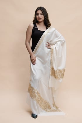 White Colour Semi Pashmina Shawl Enriched With Ethnic Heavy Golden Tilla Embroidery With Running border-Semi pashmina / length 80 inch Width 40 inch / Dry Clean only