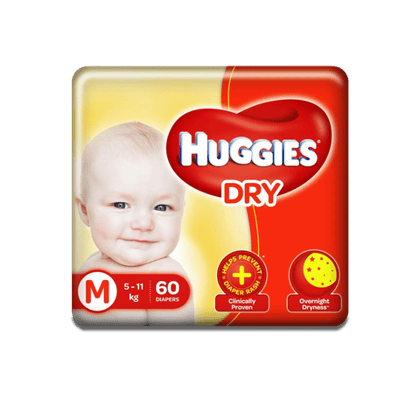 Huggies New Dry Diapers - Medium (5-11 Kg), 60 Units Pack